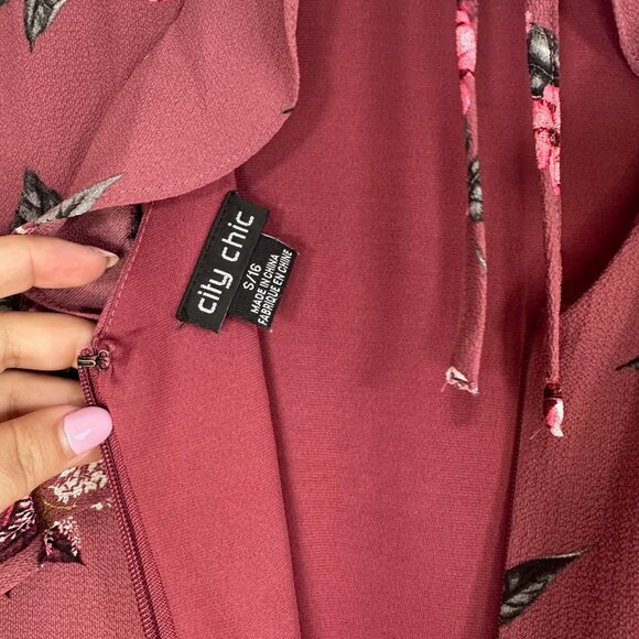City Chic Burgundy Floral Ruffle Midi Dress - Picture 3 of 11